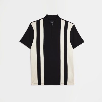 Black slim fit striped funnel polo shirt