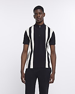 Black slim fit striped funnel polo shirt