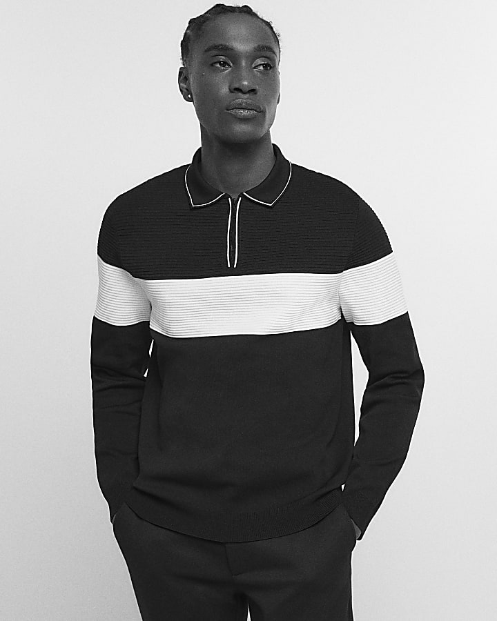 Black slim fit striped knitted polo shirt