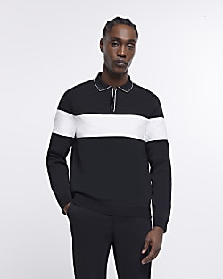 Black slim fit striped knitted polo shirt