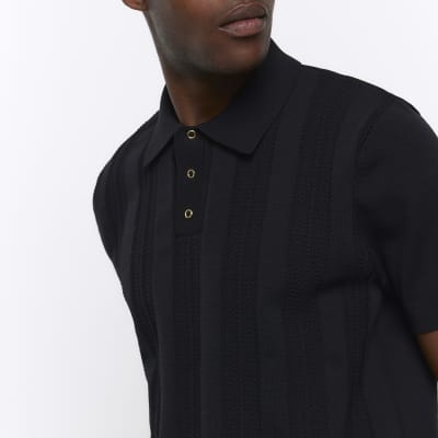 Black slim fit striped stitch polo shirt River Island