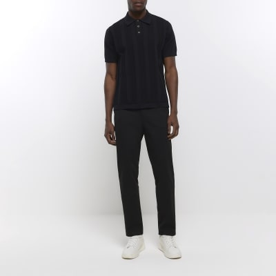 Black slim fit striped stitch polo shirt | River Island