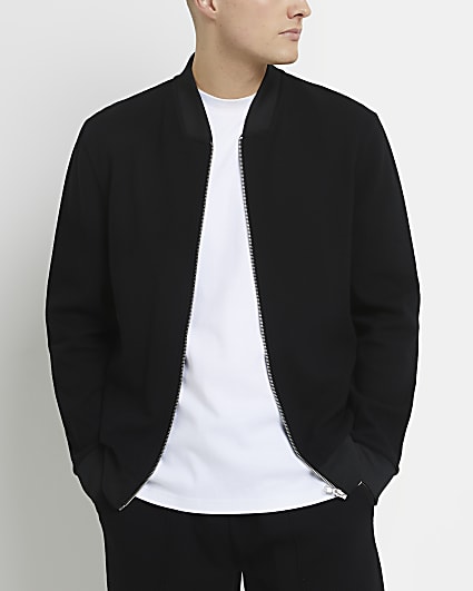 Black slim fit textured bomber jacket