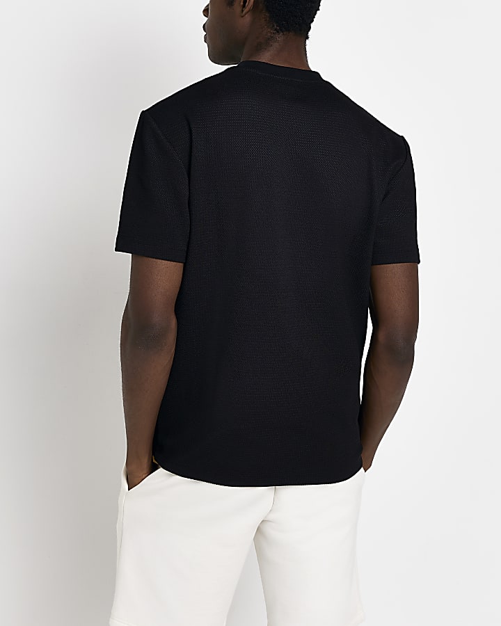 Black slim fit textured graphic t-shirt