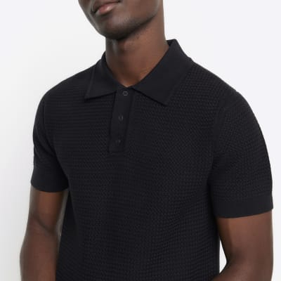 Black slim fit textured knitted polo shirt | River Island