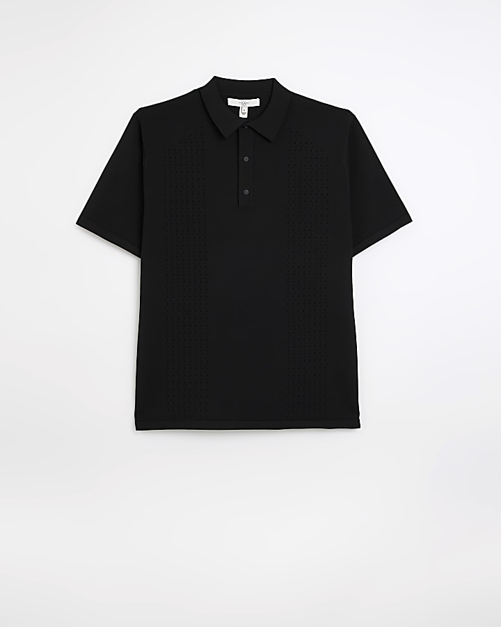 Black slim fit textured polo shirt