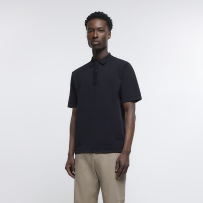 Black slim fit textured polo shirt | River Island