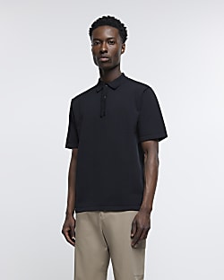 Black slim fit textured polo shirt