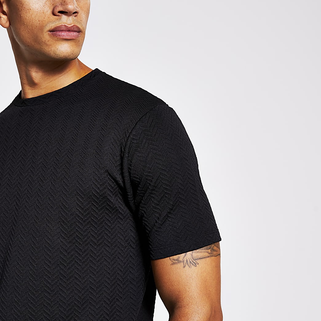 Black slim fit textured T-shirt | River Island