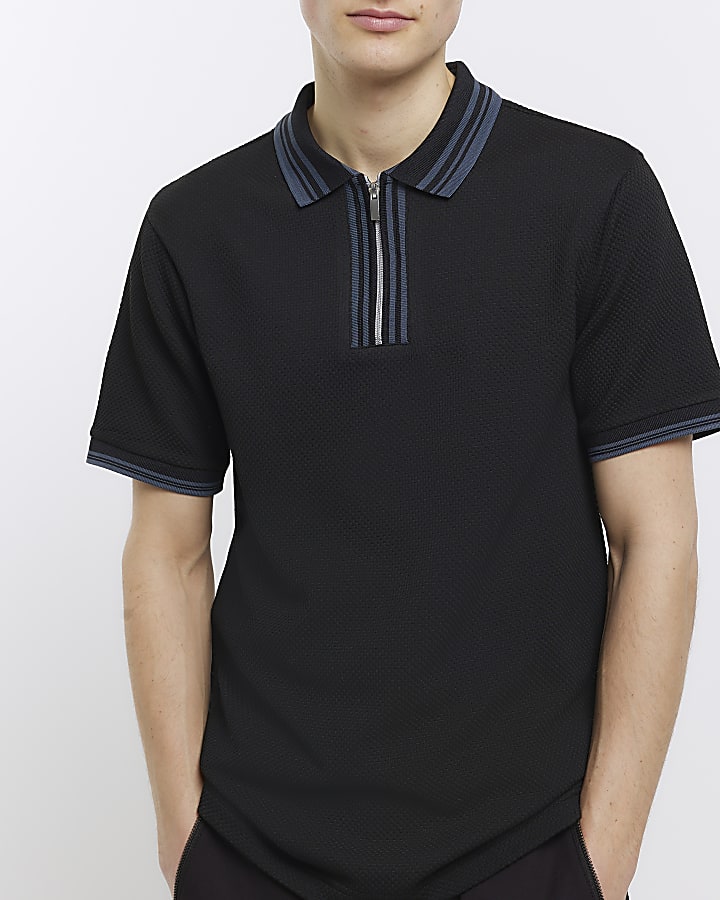 Black slim fit textured taped polo shirt