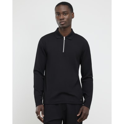 Black Slim Fit Textured Zip Neck Polo Shirt