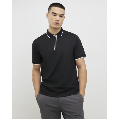 Black Slim Fit Textured Zip Tipped Polo Shirt