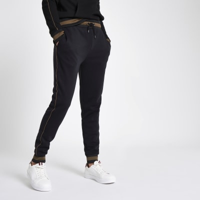 Black slim fit tipped and piped joggers