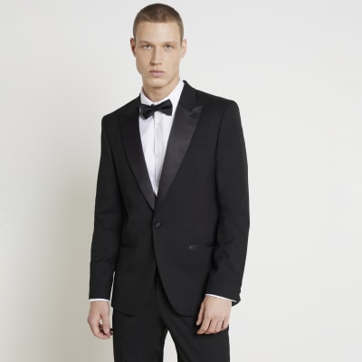 Black slim fit tuxedo suit jacket | River Island