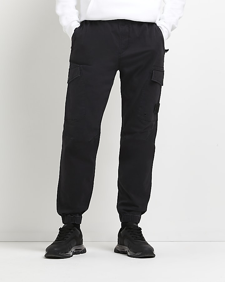Black slim fit twill cargo trousers