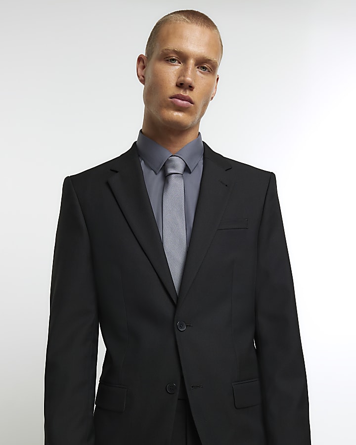 Black slim fit twill suit jacket