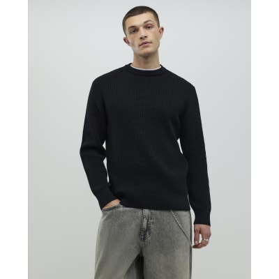 Black Slim Fit Waffle Knitted Jumper