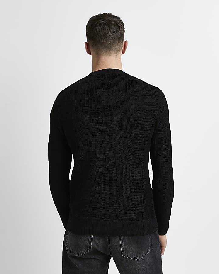 Black slim fit waffle knitted jumper
