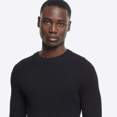 Black slim fit waffle texture jumper | River Island