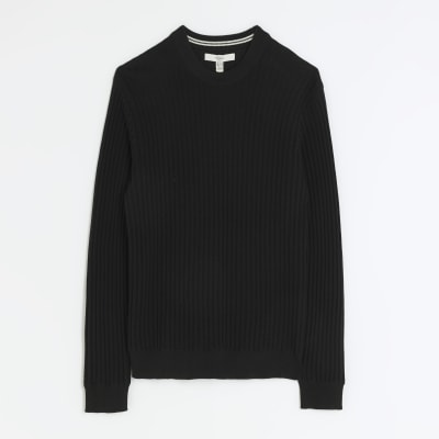 Black slim fit waffle texture jumper | River Island