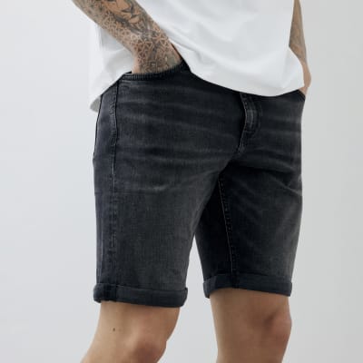Black Slim Fit Washed Denim Shorts