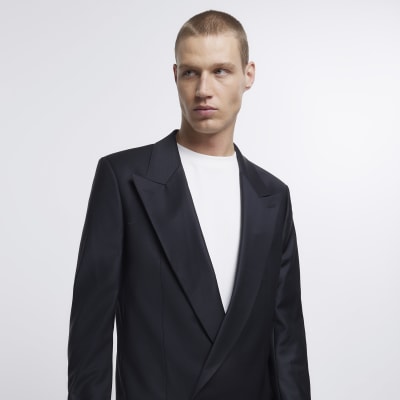 Black slim fit wool premium crop suit jacket River Island