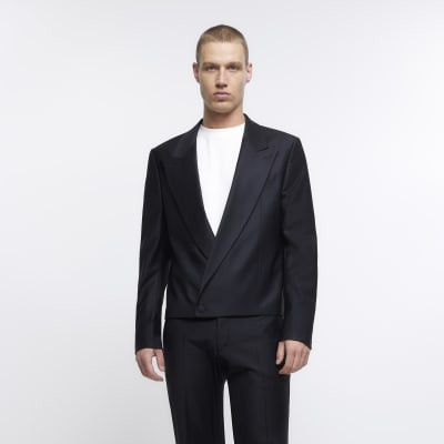 Black slim fit wool premium crop suit jacket | River Island