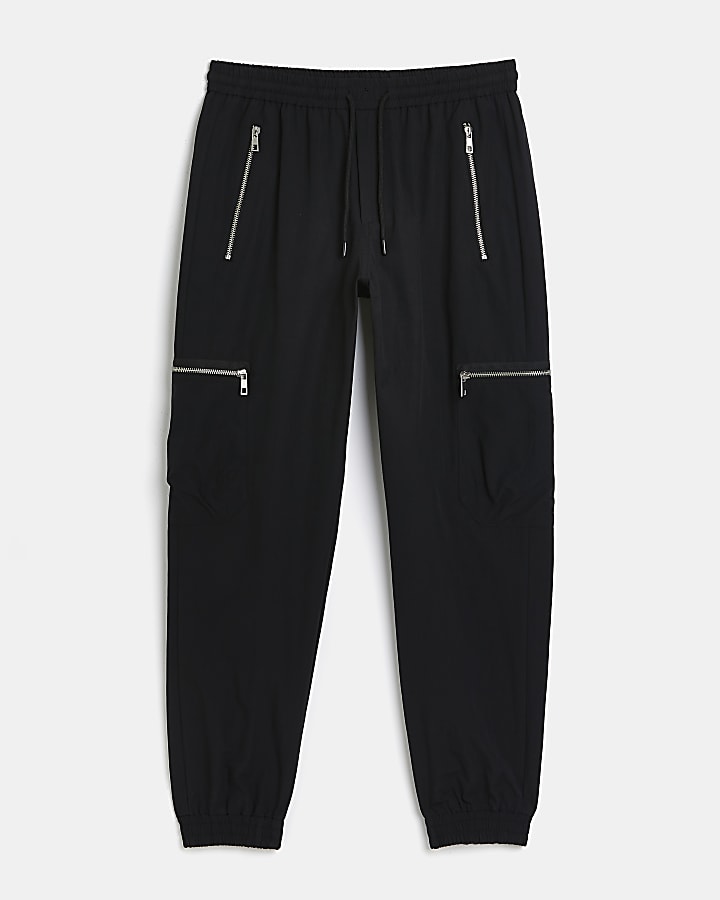 Black slim fit zip cargo trousers