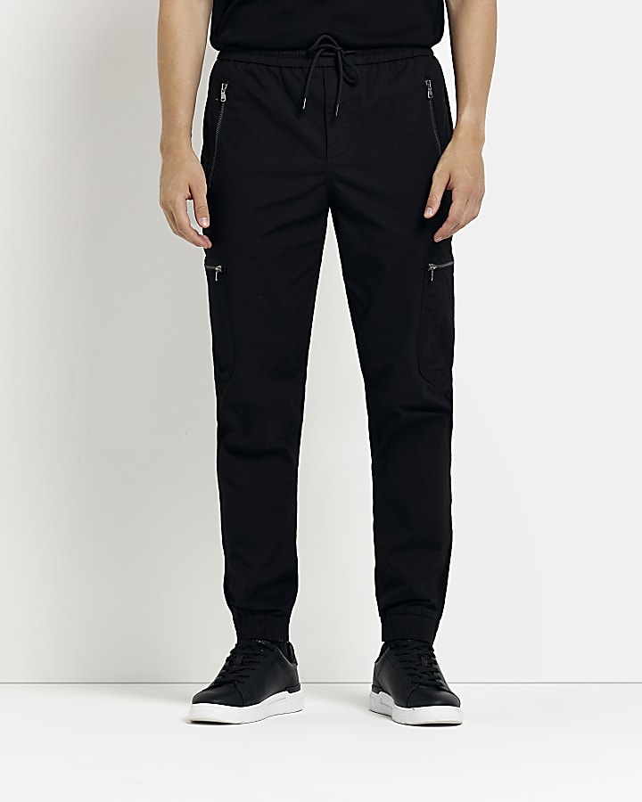 Black slim fit zip cargo trousers