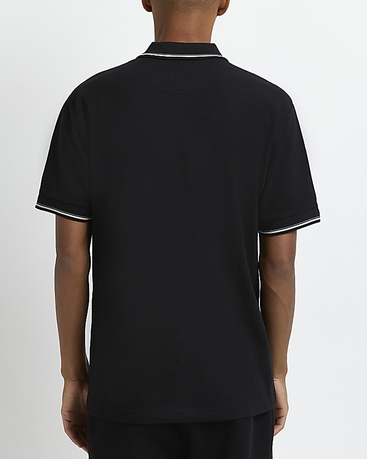Black slim fit zip neck polo shirt