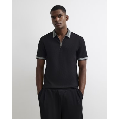 Black Slim Fit Zip Neck Waffle Polo Shirt