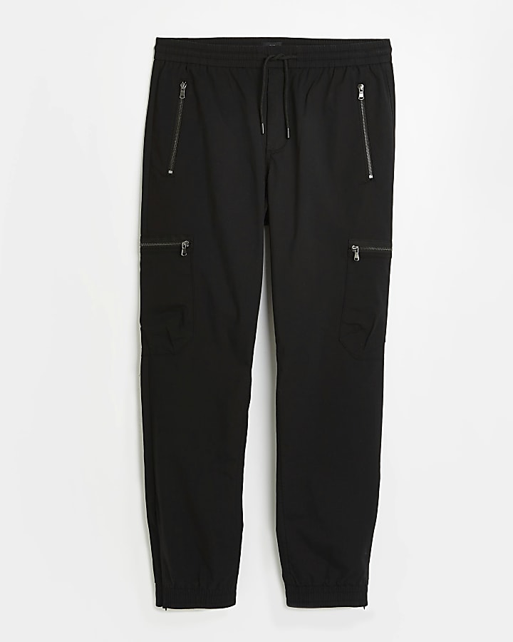 Black slim fit zip pocket cargo trousers