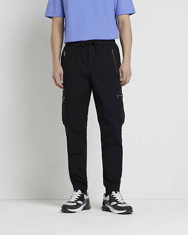 Black slim fit zip pocket cargo trousers