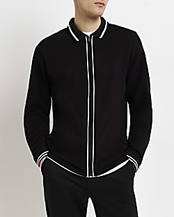 Black Slim fit zip through knitted Polo shirt