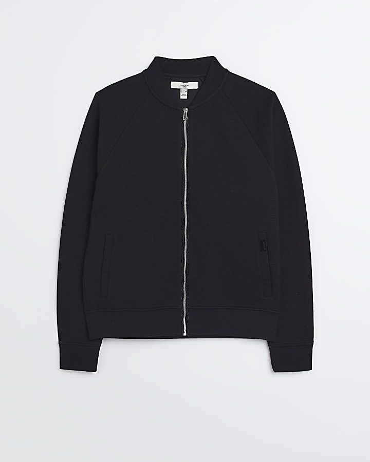 Black slim fit zip up textured bomber jacket