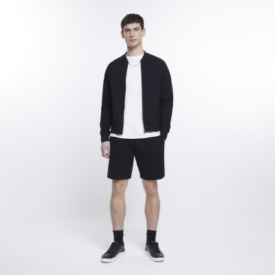 Black slim fit zip up textured bomber jacket