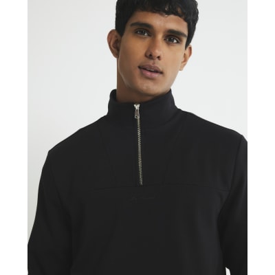Black Slim Fit Zipped Funnel Neck Sweatshirt