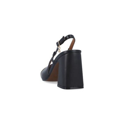 Black sling back block heel court shoes | River Island