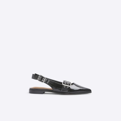Black Sling Back flat Buckle Court Shoes River Island