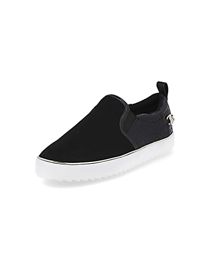 360 degree animation of product Black slip on chain trainers frame-0