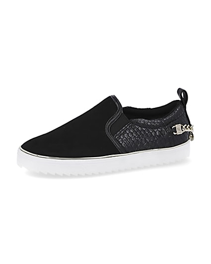 360 degree animation of product Black slip on chain trainers frame-2