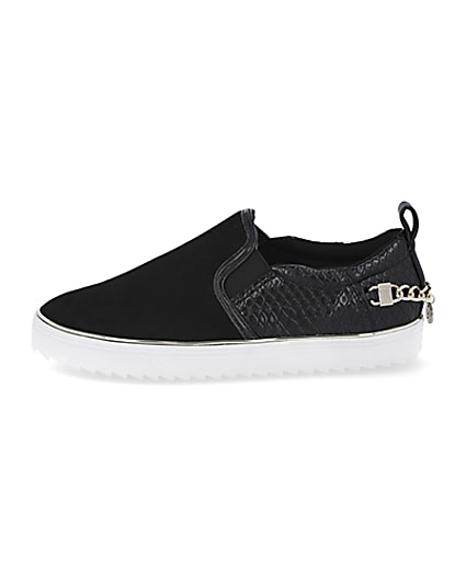 360 degree animation of product Black slip on chain trainers frame-3