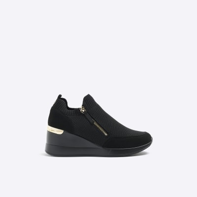 Black slip on wedge trainers | River Island