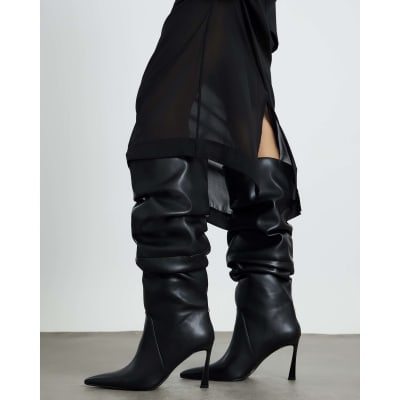 Black Slouch High Leg Heeled Boots
