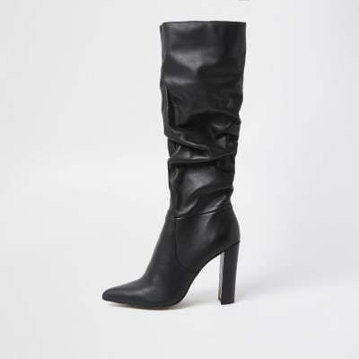 Black slouch leather high leg boots | River Island