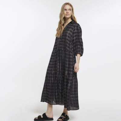 Black smock midi shirt dress | River Island