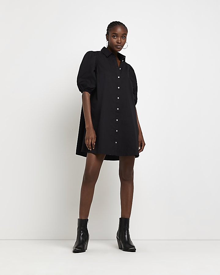 Black smock mini shirt dress
