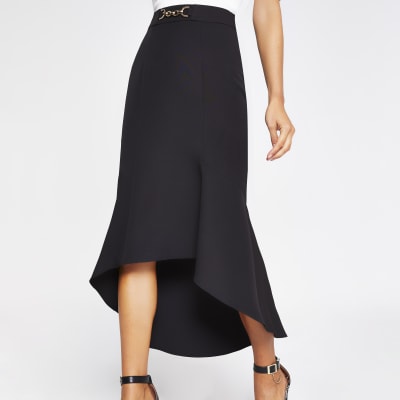 Black snaffle waist fluted midi skirt