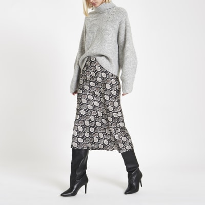 Black snake print bias cut midi skirt