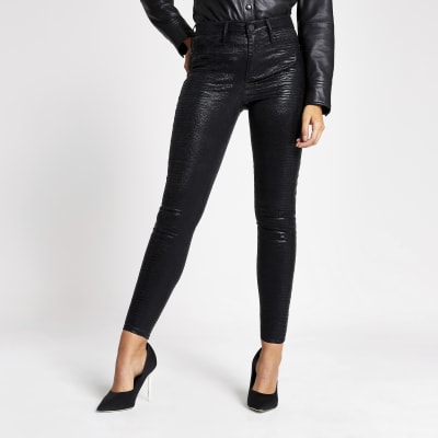 Black snake print Molly coated jeggings River Island